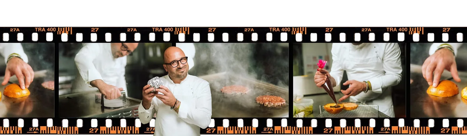 SmashClub kitchen crew smashing and plating burgers, shot on 35mm film